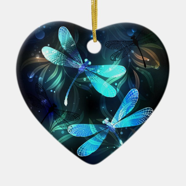 Lake Glowing Dragonflies Ceramic Tree Decoration (Front)