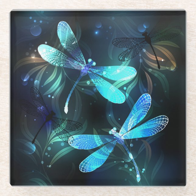 Lake Glowing Dragonflies Glass Coaster (Front)