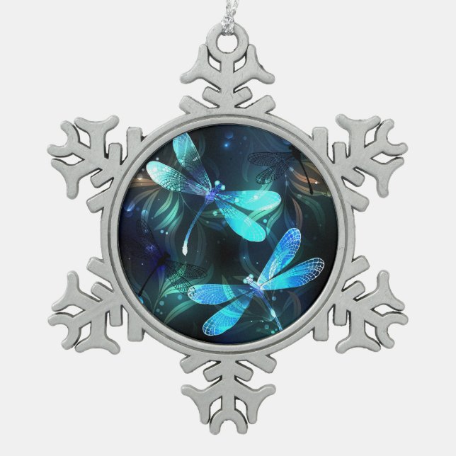 Lake Glowing Dragonflies Snowflake Pewter Christmas Ornament (Front)