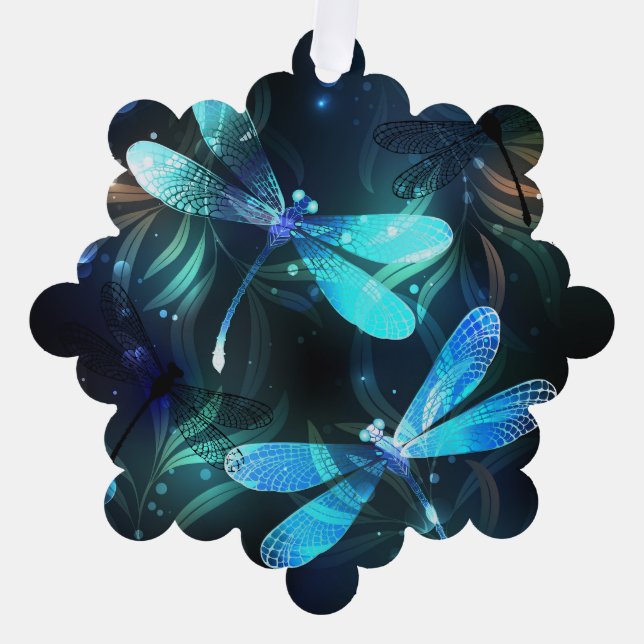Lake Glowing Dragonflies Tree Decoration Card (Front)