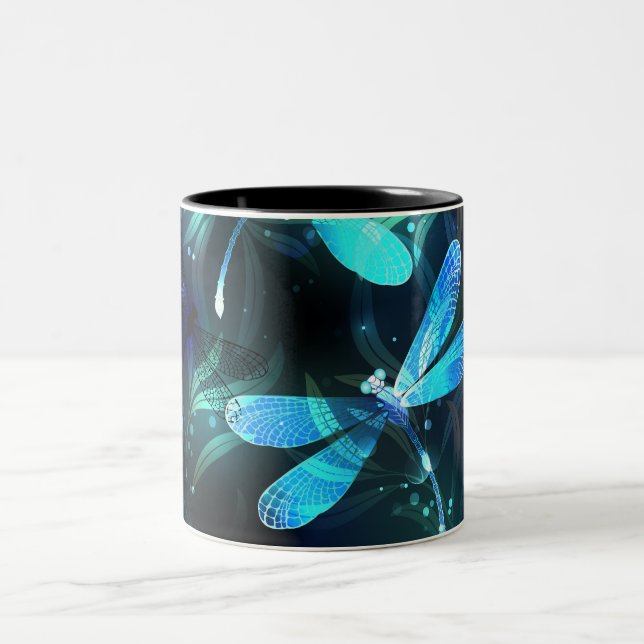 Lake Glowing Dragonflies Two-Tone Coffee Mug (Center)