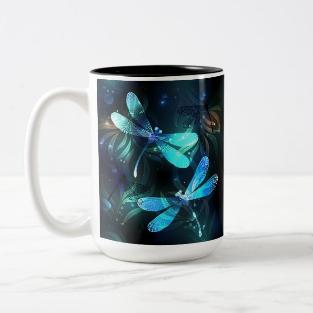 Lake Glowing Dragonflies Two-Tone Coffee Mug (Left)