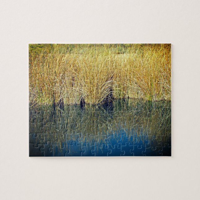 Lake Grass Reflection Photo with Blue Water Jigsaw Puzzle (Horizontal)