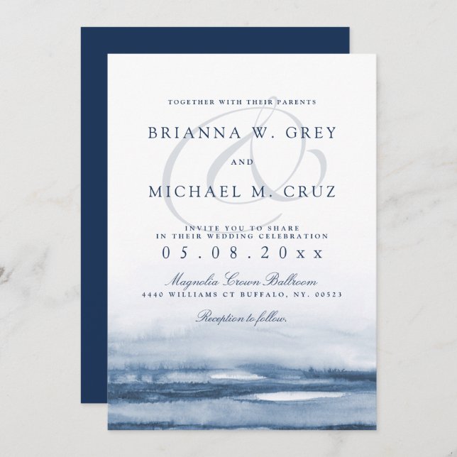 Lake Harbour Fog Wedding Invitation Navy Back (Front/Back)