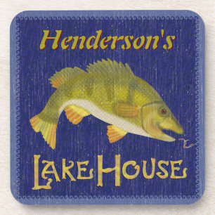 Lake House Bass Fish Rustic Nautical Add Name Coaster
