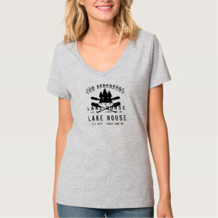 Lake House Boat Oars Trees Family Name V-Neck T-Shirt