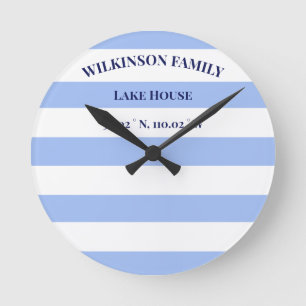 Lake house Coordinates Family name Blue Stripes Round Clock