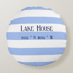 Lake house Coordinates Family name Blue Stripes Round Cushion