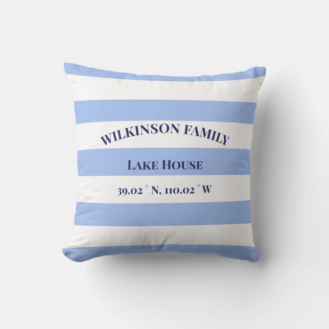 Lake house Coordinates name Blue Stripes Cushion (Front)