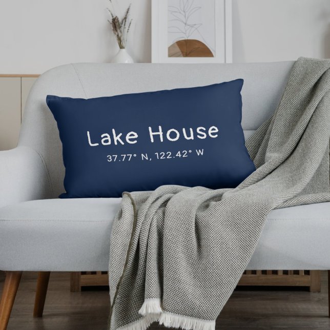 Lake House Coordinates Navy Blue Throw Pillow (Creator Uploaded)