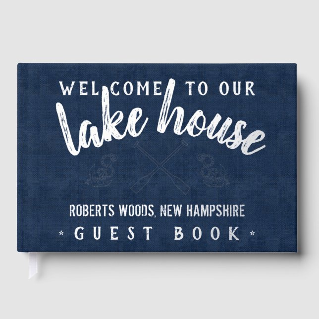 Lake House Customised Vacation Rental Navy Silver Guest Book (Front)