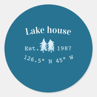 Lake house ets. Date year custom coordinates add n Classic Round Sticker
