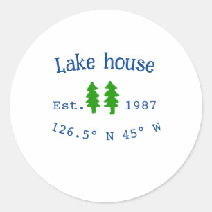 Lake house ets. Date year custom coordinates add n Classic Round Sticker