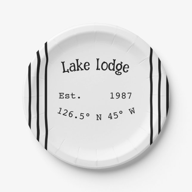 Lake house ets. Date year custom coordinates add n Paper Plate (Front)