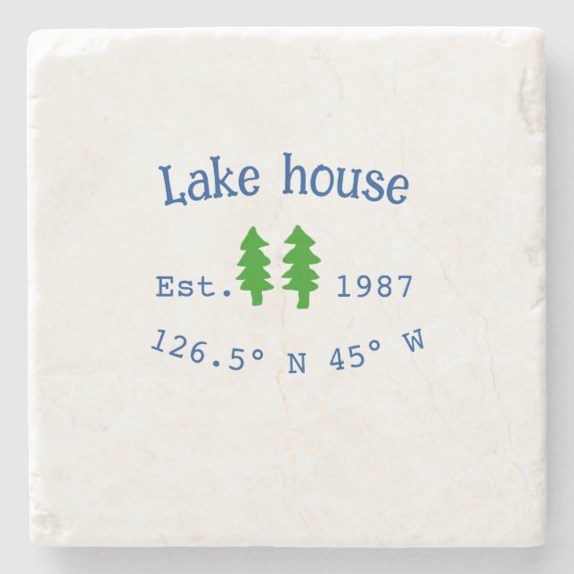 Lake house ets. Date year custom coordinates add n Stone Coaster (Front)