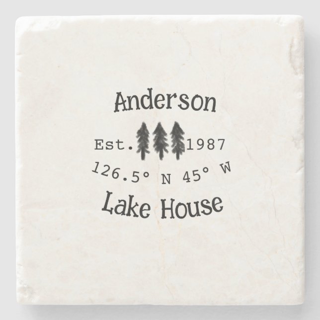 Lake house ets. Date year custom coordinates add n Stone Coaster (Front)