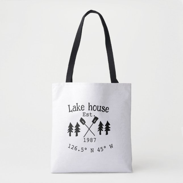Lake house ets. Date year custom coordinates add n Tote Bag (Front)