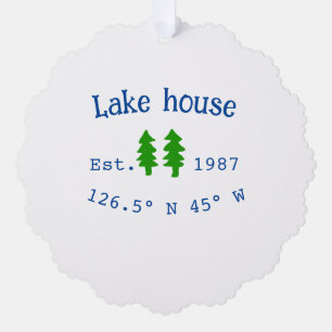 Lake house ets. Date year custom coordinates add n Tree Decoration Card