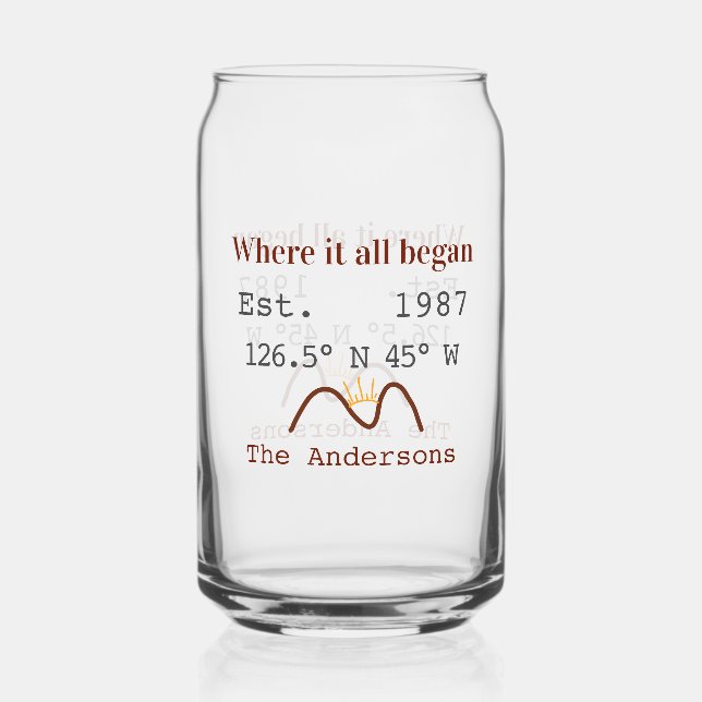 Lake house ets. Date year custom coordinates brown Can Glass (Front)
