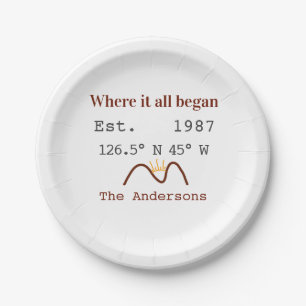 Lake house ets. Date year custom coordinates brown Paper Plate