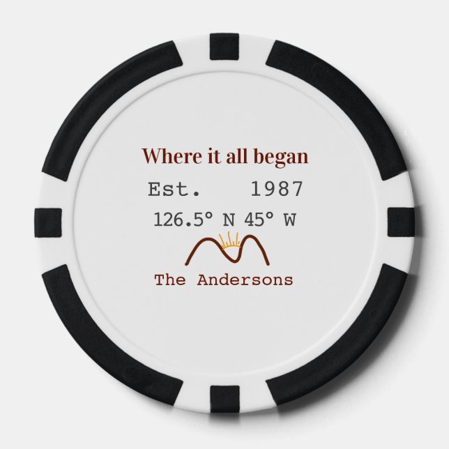 Lake house ets. Date year custom coordinates brown Poker Chips (Front)