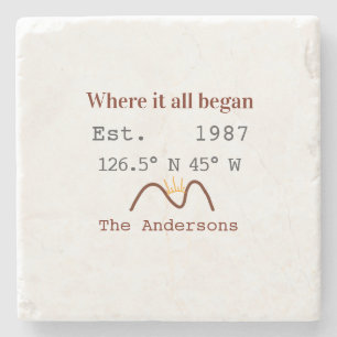 Lake house ets. Date year custom coordinates brown Stone Coaster