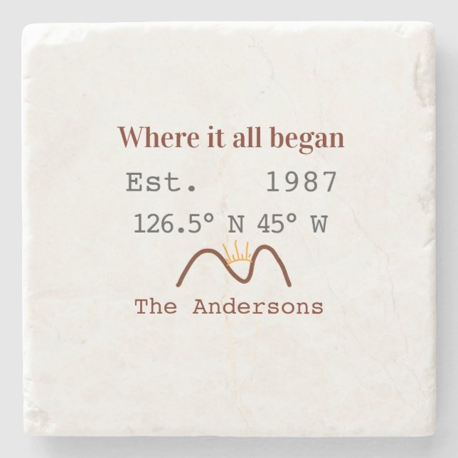 Lake house ets. Date year custom coordinates brown Stone Coaster (Front)