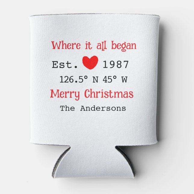 Lake house ets. Date year custom coordinates red Can Cooler (Front)