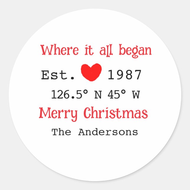 Lake house ets. Date year custom coordinates red Classic Round Sticker (Front)