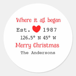 Lake house ets. Date year custom coordinates red Classic Round Sticker