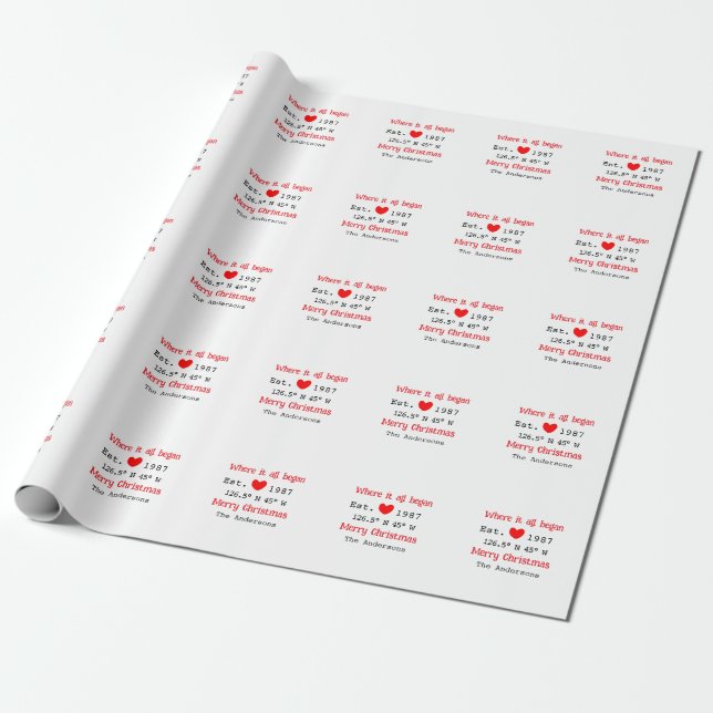 Lake house ets. Date year custom coordinates red Wrapping Paper (Unrolled)