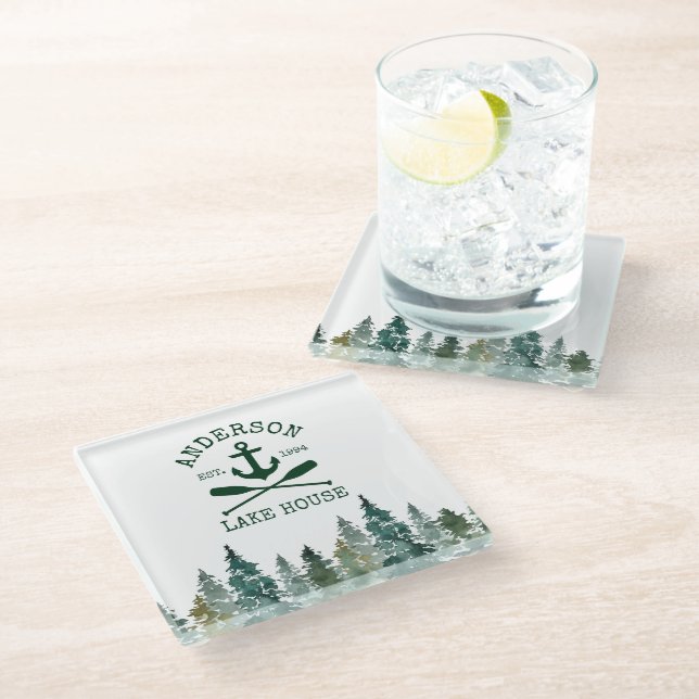 Lake House Family Name Anchor Oars Pines Glass Coaster (Angled)