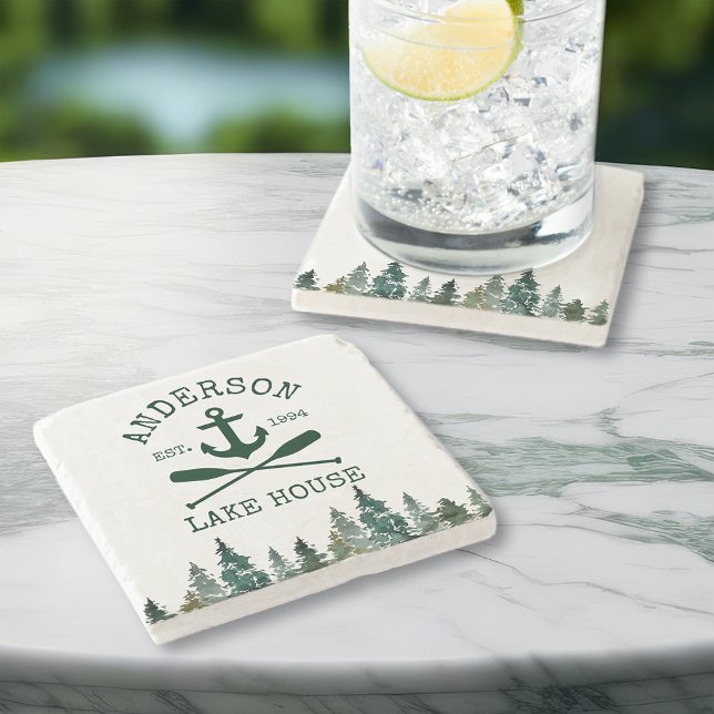 Lake House Family Name Anchor Oars Pines Stone Coaster (Customize to change text size, style or color.)