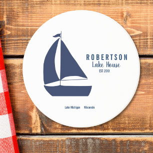 Lake House Family Name Navy Blue Sailboat Coaster