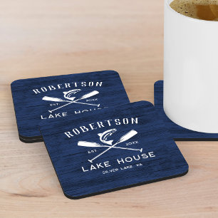 Lake House Family Name Rustic Blue Wood Coaster