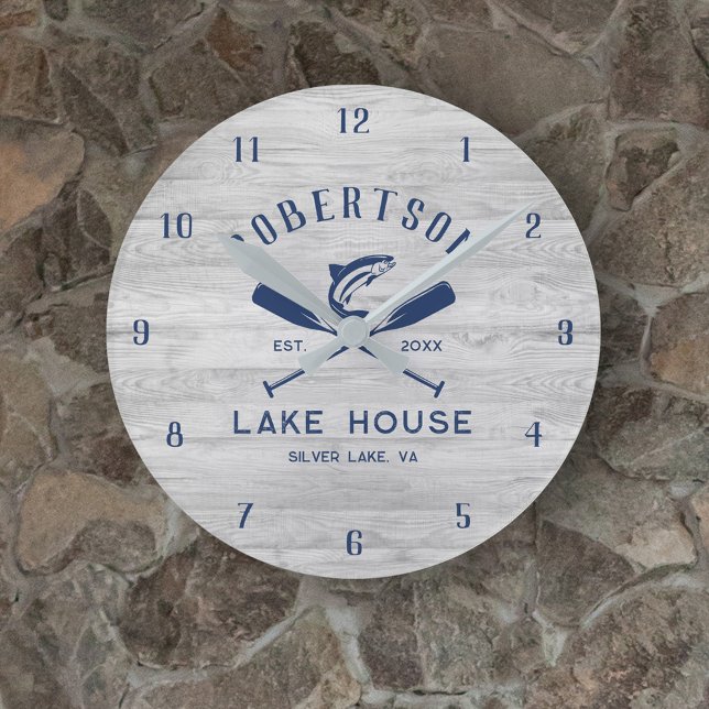 Lake House Family Name Rustic Grey Wood Round Clock (Creator Uploaded)