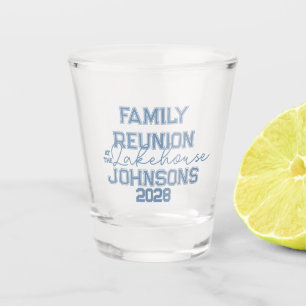 Lake house family reunion retro blue and white shot glass