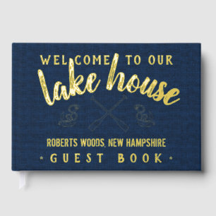 Lake House Personalised Vacation Rental Navy Gold Guest Book