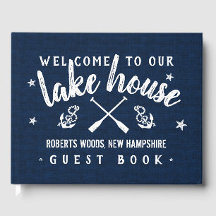 Lake House Personalised Vacation Rental Navy White Guest Book