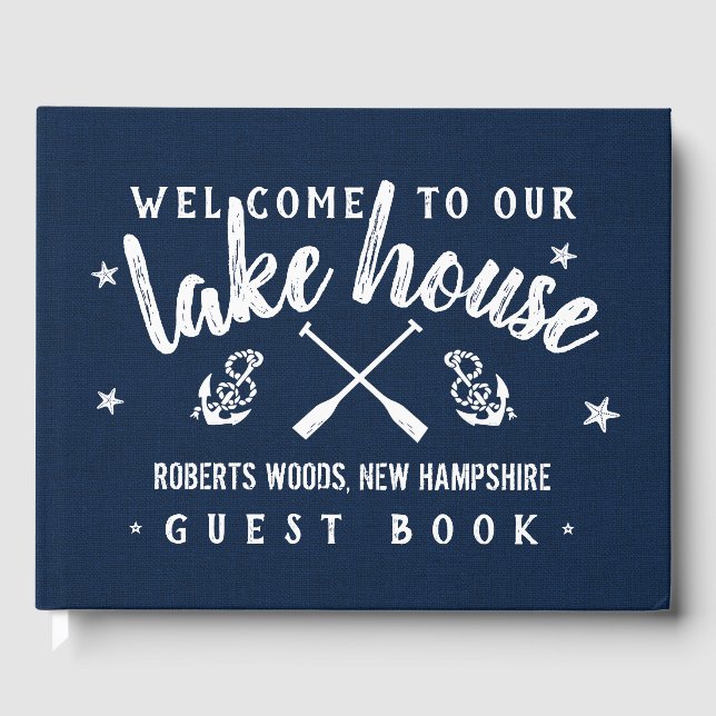 Lake House Personalised Vacation Rental Navy White Guest Book (Front)