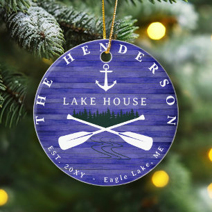 Lake House Pine Family Name Tree wood Personalized Ceramic Tree Decoration