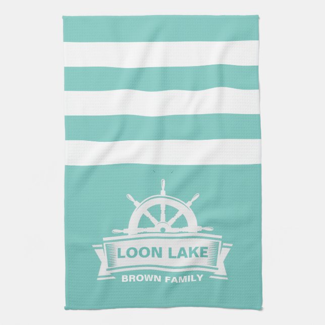 Lake House Vacation Family Name Tea Towel (Vertical)