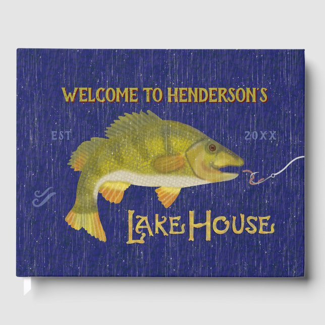 Lake House Vacation Rental Nautical Bass Fish Blue Guest Book (Front)