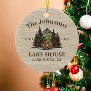 Lake House Wood Themed Family Name Personalised Ceramic Tree Decoration