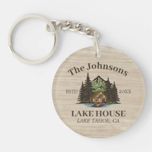 Lake House Wood Themed Family Name Personalized Key Ring
