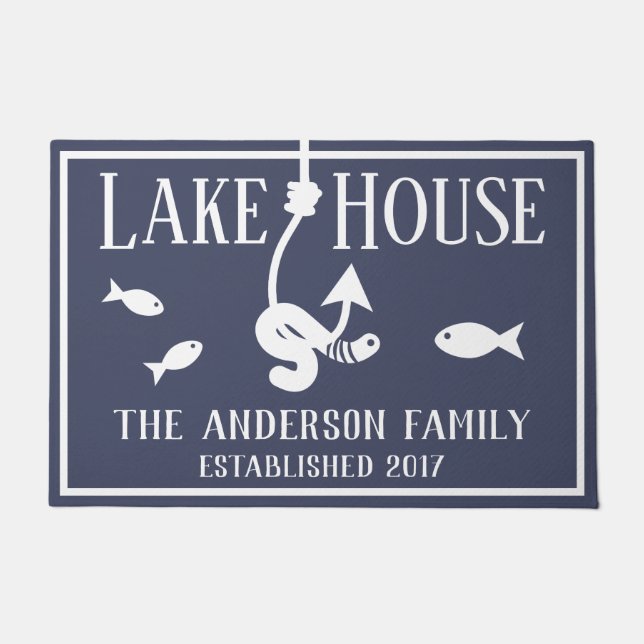 Lake House Worm on a Hook & Fish Family Name Doormat (Front)