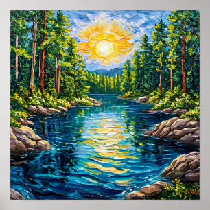 Lake in forest oil painting poster