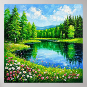 Lake in Lush Forest Landscape Blooming Wildflowers Poster