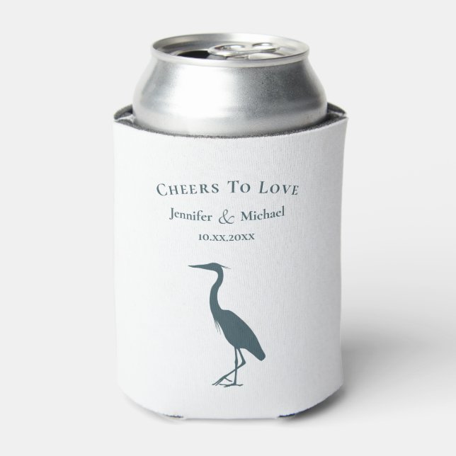 Lake in the mountains heron cheers to love wedding can cooler (Can Front)