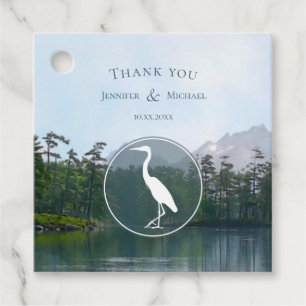 Lake in the mountains rustic heron wedding favour tags